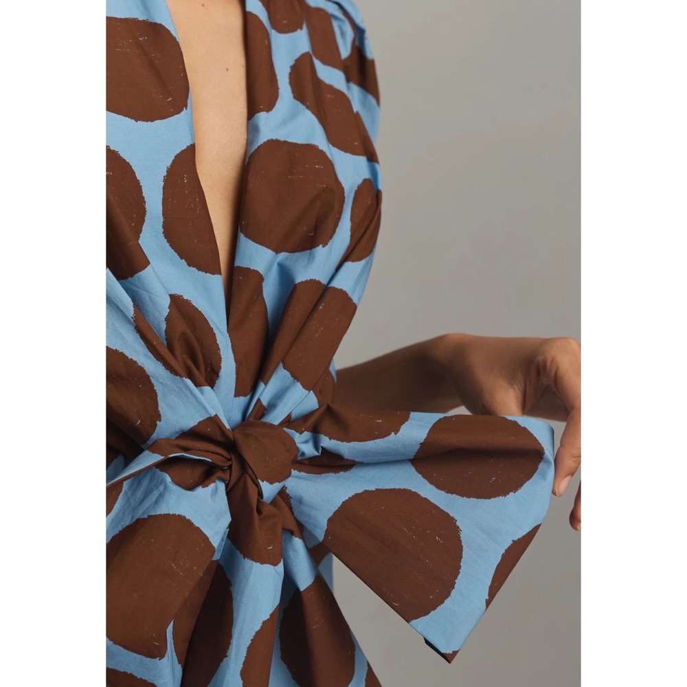 Anthropologie Farm Rio Mini Dress Blue Puff Sleeve Bow Vacay Resort Retro S NWT - Picture 2 of 16